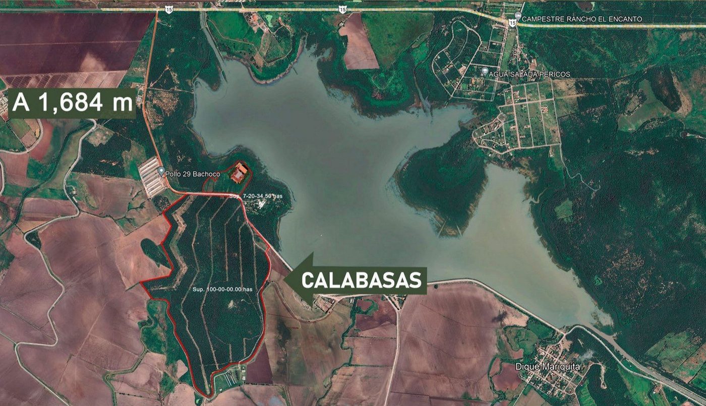 Vista satelital del predio, Lago Mariquitas y Carretera 15